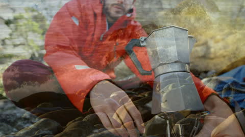 Man Brewing Coffee at Beachside with Breathtaking View