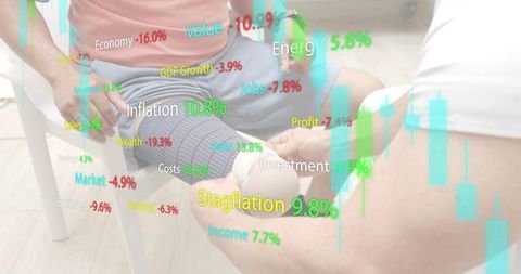 Caregiver wrapping knee compression bandage on man in home therapy with market overlay