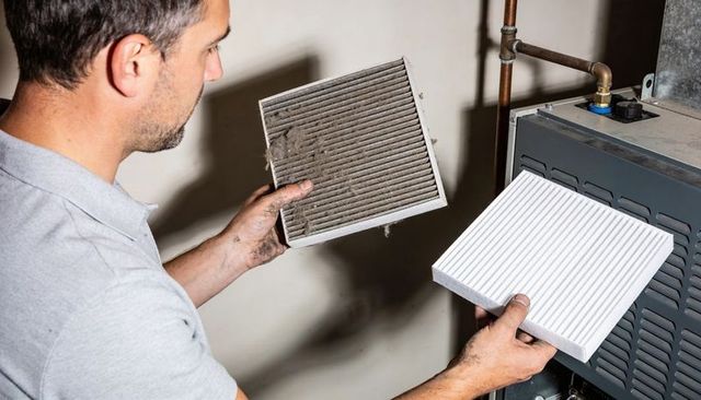 Hvac technician comparing dirty and new pleated air filters during furnace maintenance
