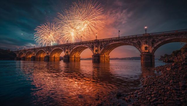 Spectacular fireworks over classic stone arch bridge at dusk