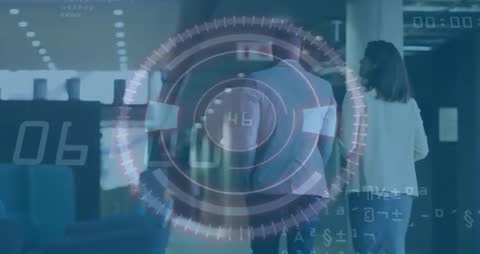 Business Professionals Surrounded by Futuristic Digital Interface