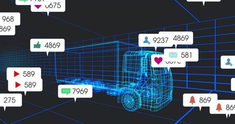 Futuristic Wireframe Truck with Data Visualization Icons