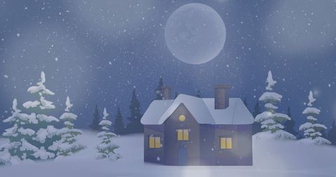 Moonlit Winter Night Scene with Snow-Covered Cottage - Download Free Stock Images Pikwizard.com