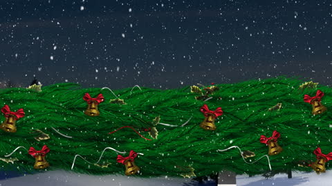 Festive Snowy Christmas Tree with Bells and Red Bows