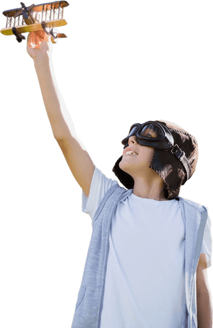 Joyful Boy Playing with Toy Airplane on Transparent Background