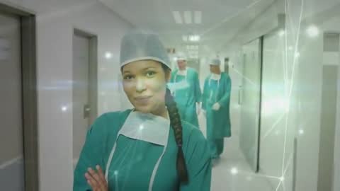 Confident Surgeon Leading Team with Digital Medical Innovation Overlay