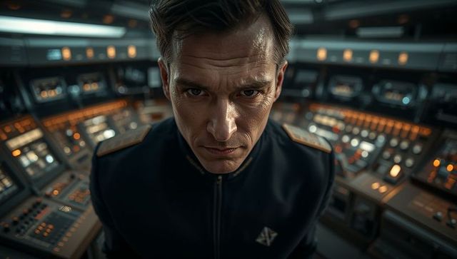 Stern Starship Captain Commanding Futuristic Bridge with Control Consoles and Lit Displays