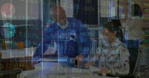 Business Team Discussing Financial Data in Futuristic Corporate Office