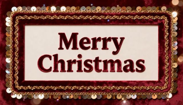 Merry christmas velvet plaque featuring gold braid and sequin fringe on burgundy plush