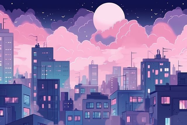Colorful and serene twilight cityscape featuring pink clouds, purple sky, and a full moon over city buildings. Ideal for use in animations, backgrounds, desktop wallpapers, and illustrations that require a blend of urban tranquility and vibrant colors.