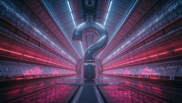 Futuristic Neon Question Mark in High-Tech Corridor