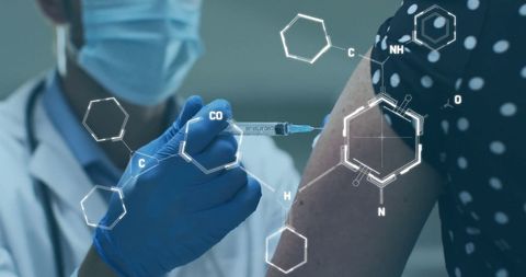 Doctor Administering Vaccine with Chemical Formula Overlay