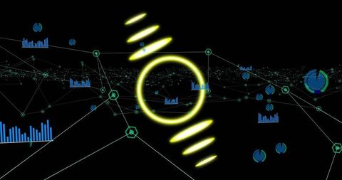 Neon circle with digital interface elements on black background