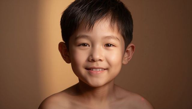 Smiling asian boy posing shirtless with warm brown backdrop and soft studio lighting