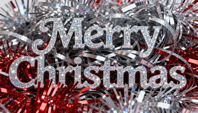 Shimmering merry christmas sign sparkling among silver ribbon and red tinsel garland