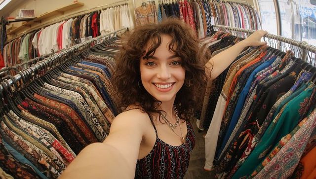 Woman enjoying shopping amidst colorful boutique clothing racks