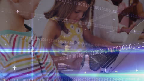 Young Students Learning on Laptop with Binary Code Overlay