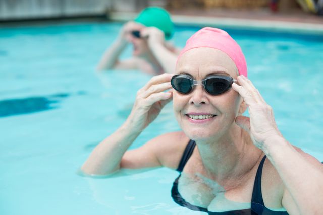 Mature Woman Smiling in Pool with Swim Cap and Goggles - Download Free Stock Photos Pikwizard.com