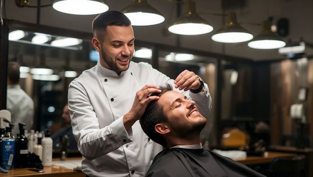 Barber styling client hair while smiling relaxed customer in modern wood-accent barbershop