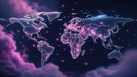 Futuristic holographic world map in cosmic space