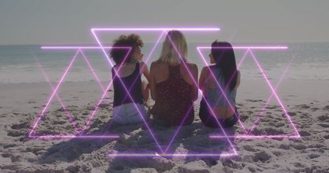 Tranquil Beach with Neon Geometric Overlay and Friends