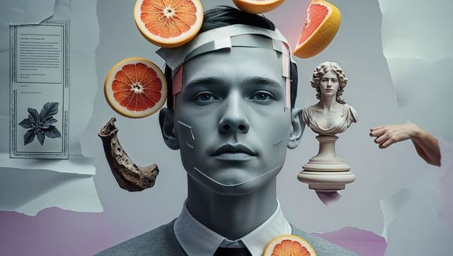 Surreal Collage Portrait Blending Human and Conceptual Elements