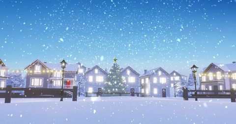 Idyllic Snowy Village with Festive Christmas Tree Glowing
