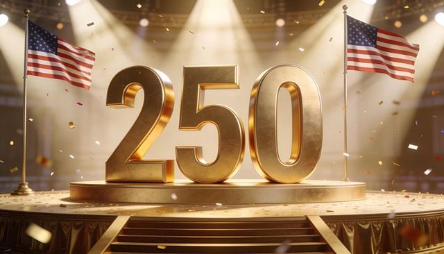 Golden 250 milestone stage with american flags, spotlights and confetti celebration