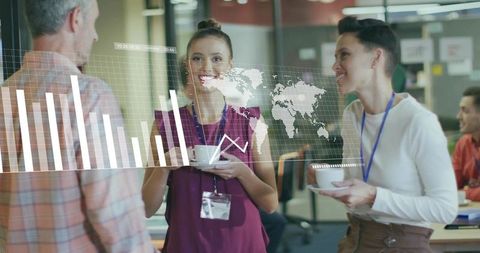 Colleagues Discussing Global Data with Digital Overlay in Open Office