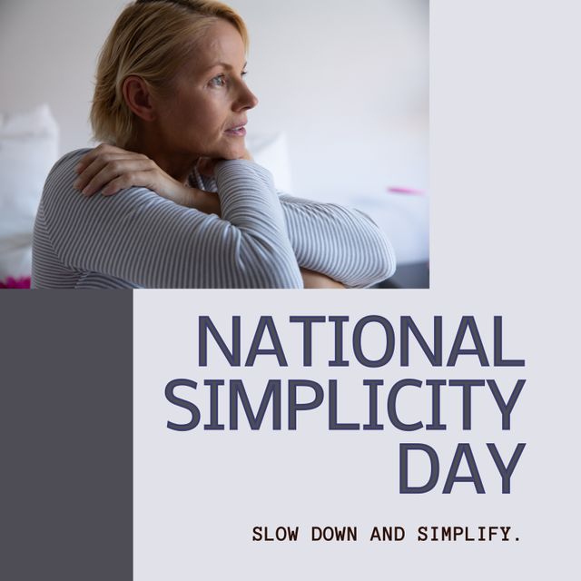 Photo of a thoughtful Caucasian woman reflecting on National Simplicity Day. This stock image can be used for promoting mindfulness, wellness, mental health, or lifestyle changes. It fits well in articles, blogs, social media posts, or marketing materials that focus on the importance of slowing down and simplifying life.