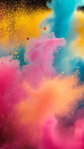 Vertical color explosion releasing layered powder clouds in pink orange yellow cyan motion
