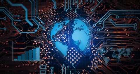 Connecting global network with neon circuitry and digital globe, data analytics concept