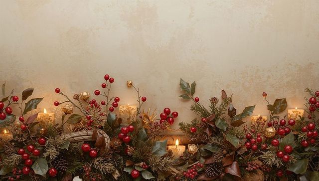 Holiday mantel glowing with candlelight, red berry garland, pinecones and holly