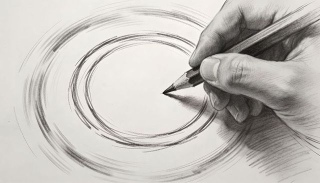 Right hand sketching concentric pencil circles on paper with graphite shading closeup