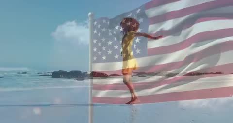 Joyful Dance on Ocean Beach with Fluttering American Flag Overlay