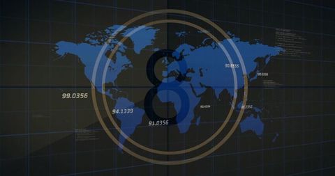 Global Data Visualization Displaying Blue World Map with Concentric Rings, Numeric Overlays