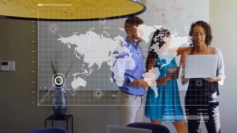 Team Discussing Global Business Strategy with Virtual Overlay
