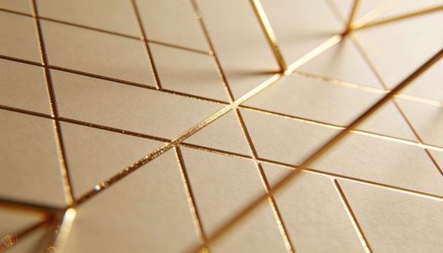 Beige geometric panel featuring gold foil lines, metallic rods and textured grid