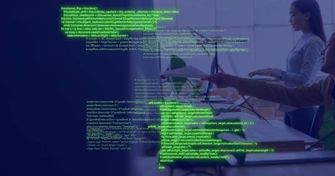 Transparent Code Overlaid on Office Workers Collaborating - Download Free Stock Images Pikwizard.com