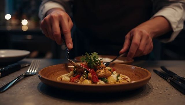 Chef plating seared fish with roasted vegetables and fresh herb garnish in intimate restaurant
