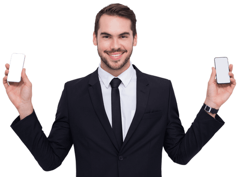 Transparent Smiling Businessman Holding Two Smartphones - Download Free Stock Videos Pikwizard.com