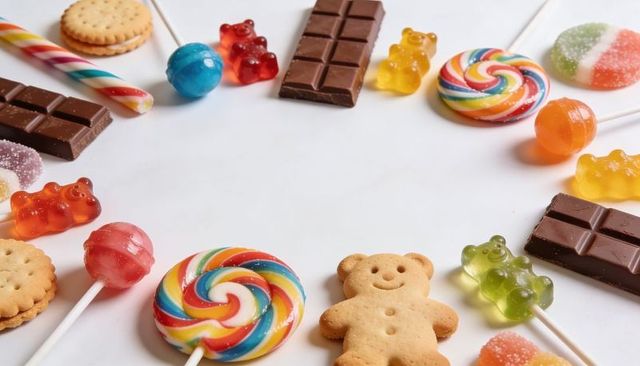 Colorful candy frame with bear cookie and swirl lollipops creating white copy space