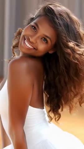 Smiling model posing while fan lifts hair revealing white gown in warm studio vertical video