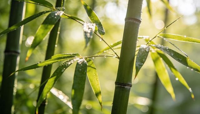 Dew-kissed bamboo stalk with backlit leaves, serene morning bokeh and fresh green texture