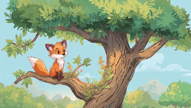 Whimsical curious red fox perched on sunlit tree branch watching wildflowers and distant hills