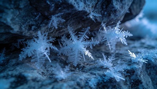 Dendritic snowflakes glimmering on frosted rock macro crystal ice closeup with blue bokeh