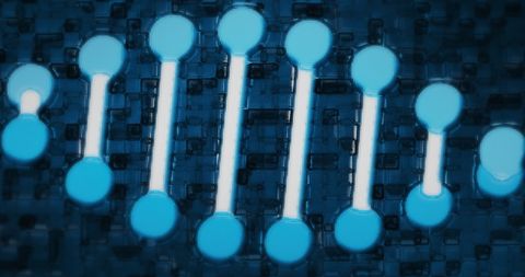 3D Digital DNA Strand on Blue Patterned Background