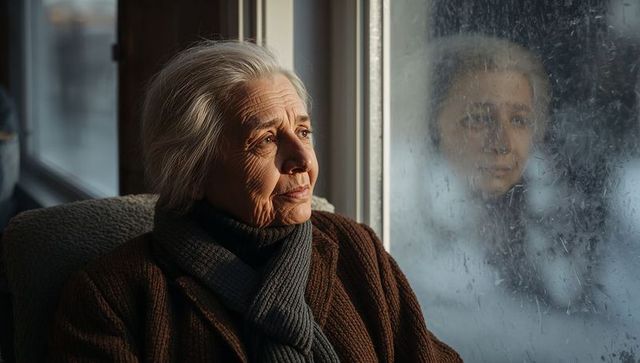 Senior woman gazing through fogged train window at sunset, reflective travel portrait