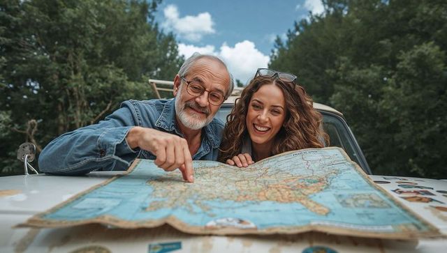 Smiling senior man and woman planning road trip over foldout map on camper van hood