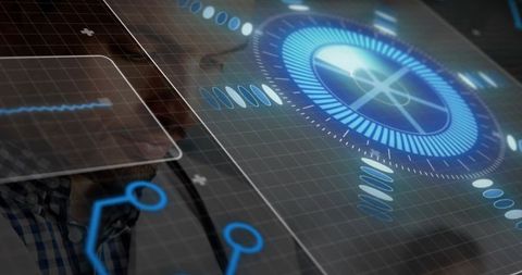 Futuristic Technology: Man with AR Glasses Analyzing Holographic Dashboard